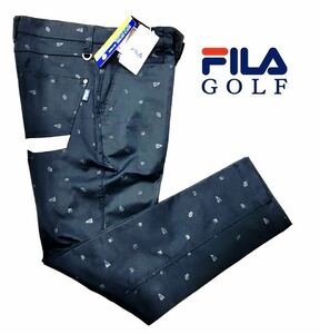 ◆096 新品 【ウエスト86cm前後】紺ネイビー 総柄FILA GOLF フィラ ゴルフ エンボス 9分丈 テーパード パンツ 吸汗速乾 UV アンクル丈