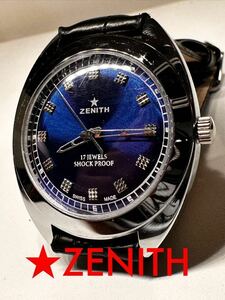 かっこいい　★ZENITH ゼニス　ブルー文字盤　ヴィンテージ手巻きメンズ腕時計　17石　スイス製　seller refurbished再生品