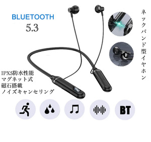 イヤホン　ワイヤレスイヤホ　Bluetooth 5.3 IPX5 ネックバンド型イヤホン　首掛け　ノイズキャンセリング　 イヤホンマイク 両耳　2