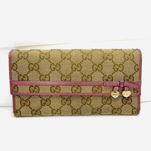 GUCCI グッチ GGキャンバス 長財布 258405 ベージュ×ピンク ハート リボン レディース