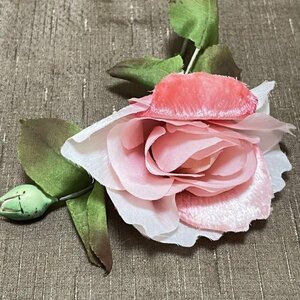 布花 造花 アンティーク ヴィンテージ ピンク 大きな薔薇 バラ ローズ 紙タグ付き ドール 装飾 素材 ディスプレイ ハンドメイド インテリア