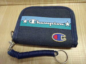 （え-G1-961） champion チャンピオン 財布 二つ折り財布 コイルストラップ付き カード入れ 小銭入れ 青色 長期保管品 中古