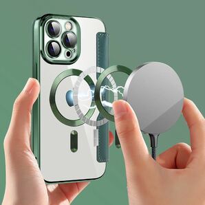 iPhone 13 Pro レザーケース アイフォン13 プロ クリアケース iPhone13 Pro カバー 透明 カード収納 MagSafe充電 手帳型 グリーンの画像6