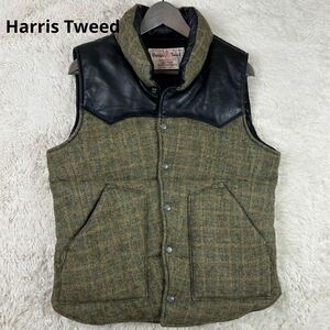 【美品】 Harris Tweed ハリスツイード ダウンベスト ジャケット アウター メンズ レザー ウール 羊毛 チェック カーキ 中綿 ブラック 黒