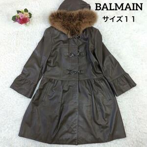 未使用級美品 BALMAIN バルマン 2wayフォックスファー付 羊革レザーコート ジャケット １１ L ロング
