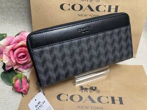 コーチ COACH 長財布 財布 アコーディオン ヘリンボーン プリント ラウンド レザー クリスマス プレゼント 財布 メンズ 新品 未使用 C197