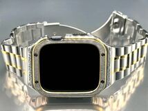 メタルシルバー&ゴールドライン　アップルウォッチバンド ステンレス カバー　Apple Watch ケース 44mm45mmメンズレディース　一体型ベルト_画像4