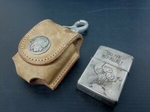 現状品　Zippo スカル　オイルライター　レザーケース付　Kc.s ケイシイズ ケーシーズ　ジッポー　牛皮革製　喫煙グッズ　コレクション