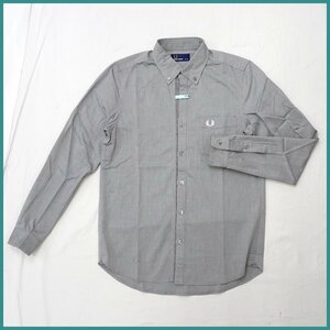 ★美品 FRED PERRY/フレッドペリー 長袖ボタンダウンシャツ メンズXS/グレー/コットン100％/胸ロゴ/一部チェック&1160200026