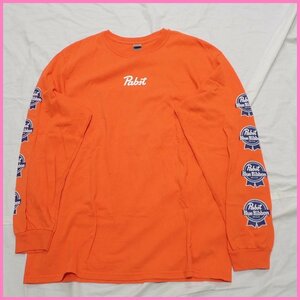 ★Pabst Blue Ribbon/パブストブルーリボン 長袖Tシャツ/ロンT メンズL/オレンジ/ロゴプリント/コットン100%/ギルダン製&1927900017