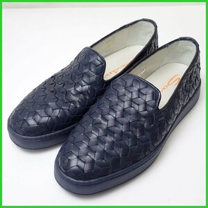 ★SANTONI/サントーニ イントレチャート スリッポン 6/メンズ27.0cm相当/ネイビー/レザー/本革/イタリア製/スニーカー&1850700054