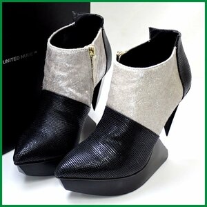 ★美品 UNITED NUDE/ユナイテッドヌード Edge ショートブーツ 37/23.5cm相当/ブラック×シルバー/レザー×ハラコ/外箱付き&1919400014