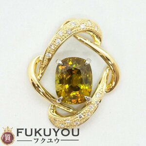 K18/Pt900 天然スフェーン 黄褐色 クッションカット 4.14ct メレダイヤモンド 0.15ct デザインネックレストップ 4.6g