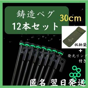 鋳造ペグ　30cm 12本　収納袋 蓄光リング付　スチール　テント　タープ　ペグ キャンプ