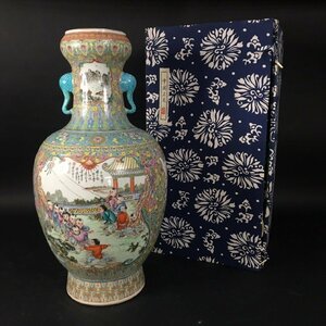 ER1023-2-3 景徳鎮製 中国美術 唐子 粉彩 作家印付き 唐物 陶磁器 花瓶 花器 フラワーベース 工芸品 骨董品 h63cm 口径12cm 160サイズ