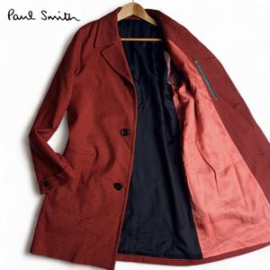 XL/極美品/現行タグ ●Paul Smith ポールスミス ●千鳥格子柄 シングル ロングコート チェスターコート アウター ワインレッド 存在感◎