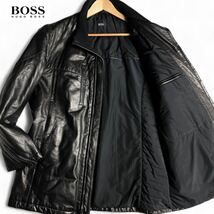 美品/3L ●HUGO BOSS ヒューゴボス 羊革 本革 ラムレザー シープスキン ハーフ コート アウター スタンドカラー ステッチ ブラック 黒 54_画像1