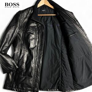 美品/3L ●HUGO BOSS ヒューゴボス 羊革 本革 ラムレザー シープスキン ハーフ コート アウター スタンドカラー ステッチ ブラック 黒 54