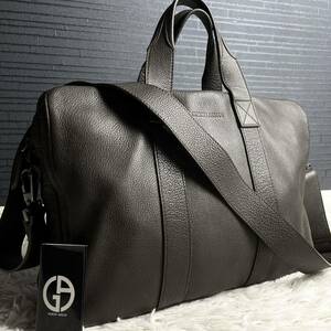 A4収納/1円 ●GIORGIO ARMANI ジョルジオアルマーニ メンズ ビジネス 2way ブリーフケース ショルダー レザー 本革 カーキグレー