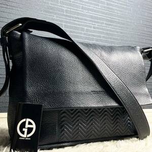 美品/A4収納 ●GIORGIO ARMANI ジョルジオアルマーニ メンズ メッセンジャーバッグ ショルダー エンボス レザー 斜め掛け ダークネイビー