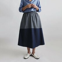 １０００円からスタート　８０cm丈　愉快なスカート　パッチワーク　ギャザー　ロング　スカート　ＤＥＮＩＭ甘織デニム　調節ゴム穴Y99F_画像1