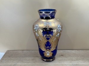 BOHEMIA GLASS ボヘミア 花瓶 金彩 ブルーガラス 共箱ナシ 高さ25.5cm