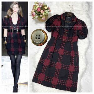  genuine article collection model Gucci puff sleeve short sleeves wool knitted One-piece dress 38 black × dark red group stamp equipment ornament button GUCCI