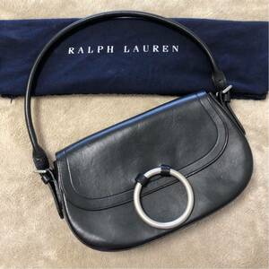 高級★RALPH LAUREN ラルフローレン ホーボーバッグ ハンドバッグ レザー 黒 フラップ サークル金具 肩掛け ワンショルダー