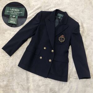 希少★LAUREN RALPH LAUREN ローレンラルフローレン ブレザー USA製 ダブルボタン 金釦 エンブレム ワッペン 紺 ヴィンテージ 紺ブレ