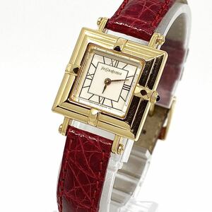 YVES SAINT LAURENT 腕時計 カットガラス スクエア ローマン quartz クォーツ ホワイト ゴールド レザーベルト 白 金 イヴサンローラン D54