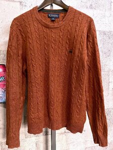美品 ブルックスブラザーズ スコットランド産ウール ケーブル編み クルー セーター L メンズ ブラウン ワンポイント刺繍