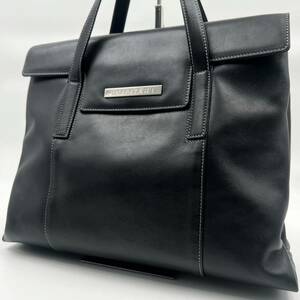 1円《極美品》BVLGARI ブルガリ トートバッグ ビジネス A4収納可 レザー 本革 ブラック 黒 メンズ ロゴプレート イタリア製 フラップ