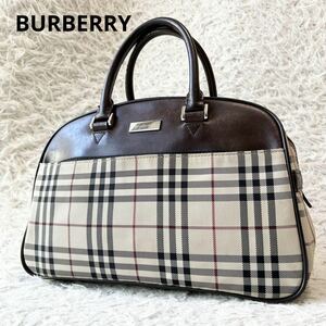 1円●BURBERRY バーバリー ミニボストンバック ハンドバッグ ノバチェック レザー キャンバス ロゴプレート ブラウン かばん 鞄 カバン