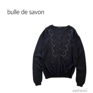 bulle de savon ビュルデサボン . スカラップ ビーズ パール 刺繍 クルーネック ニット カーディガン 黒 シルク アンゴラ 上質 送料無料