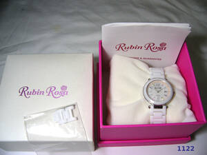 美品☆ルビン ローザ Rubin Rosa レディースウォッチ カラーストーン装飾 セラミック ホワイト 白 ラウンド 丸形 ソーラー充電腕時計 R307