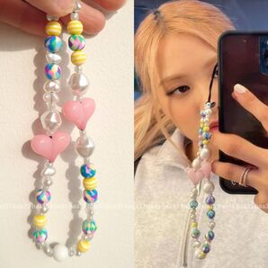 【再入荷】 blackpink ロゼ愛用似♪ぷっくりハート パール スマホストラップ iPhone