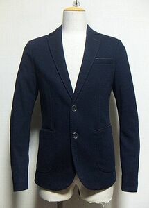 新品同様:ZARA MAN(ザラマン).ストレッチ 2B ジャケット 46(濃紺/中厚 ウールジャージ 風生地/肩43幅48丈70/エルボーパッチ付/トラッド)