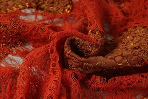 ♪インポート特集◆albert guegainフランス製ウールラッセルジャガードレースシフォン刺繍片耳スカラップ オレンジ 巾：150cm♪4m[8625]