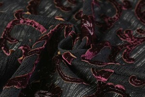 ♪インポート特集◆albert guegainフランス製コットンラッセルジャガードレース更紗柄ベロアカットラメ刺繍 黒 巾：145cm♪2.5m[8632]