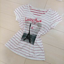 ＊*.゜透け見え赤ボーダー柄×黒レース エッフェル塔♪＊*.゜フォトジェニック プリントTシャツ パフ袖♪お部屋着 ジムにも☆M_画像7