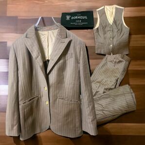 【高級】DORMEUIL ICE 日本製 スーツ 水牛釦 セットアップ ベスト　スーツ ジャケット ネイビー ストライプ