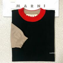 国内正規品 美品 38（S〜M） MARNI マルニ カシミヤ／ナイロン 異素材 切り替えし 半袖 ニット セーター 黒×ベージュ×赤 純正ショッパー_画像1