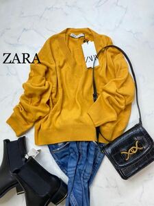 ZARA ザラ★タグ付き未使用★大人可愛い★キレイ色 あったか ウール混 シンプルVニット トップス★マスタード Sサイズ yz10124