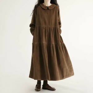 [ including in a package 1 ten thousand jpy free shipping ] autumn * new work * casual * dressing up * easy large size * body type cover * corduroy * long sleeve long One-piece *M~XXL*