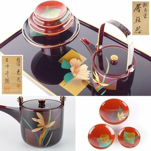 【都屋】11　高名光夫/斗陽 溜塗 色紙花蒔絵「輪島塗 屠蘇器」共箱 木製 朱塗三つ組盃 盃台 銚子 お屠蘇 御屠蘇 酒器 お正月