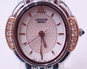 1円～ 稼働 美品 SEIKO セイコー 2J81-5000 クレドール 18KT×SS オーバル 天然ダイヤ付 レディース 腕時計 QZ クォーツ G10141