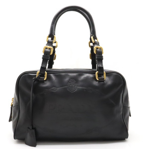 PRADA Prada BOX PRINTro litter ni Boston bag handbag leather NERO black black Gold metal fittings 