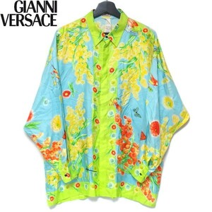 1円～★美品 GIANNI VERSACE シルク100％ 花 植物 鳥 昆虫 総柄 長袖 Yシャツ カッターシャツ ヴィンテージ ジャンニ・ヴェルサーチ★