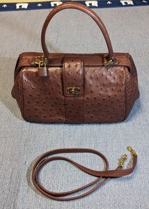 リアルレザー オーストリッチ OSTRICH ダチョウ革 レザー ショルダーバッグ ハンドバッグ 2way バッグ ブラウン 皮革 ショルダーストラップ