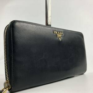 1円〜【最高級】 PRADA プラダ 長財布 ブラック 黒 オーガナイザー ラウンドファスナー ロゴ ゴールド 金具 メンズ ラウンドジップ